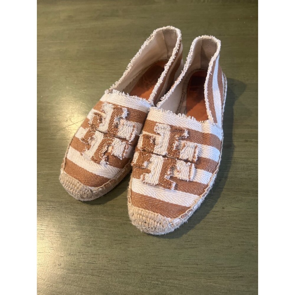 Tory Burch Striped Frayed Canvas Espadrilles With Logo Tan/White Womens Size 7 S